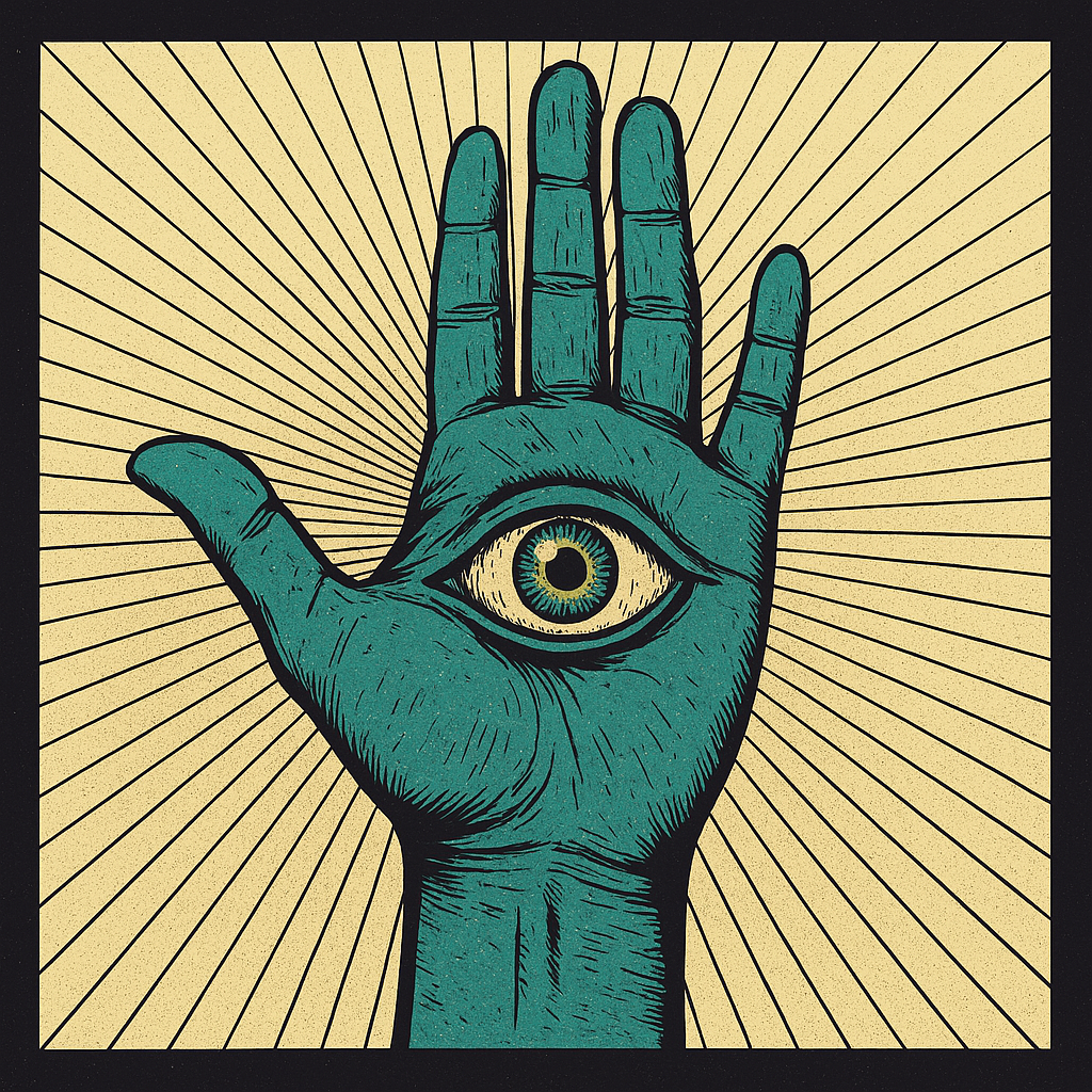 A raised teal palm with an open eye at its centre against black rays on cream paper.