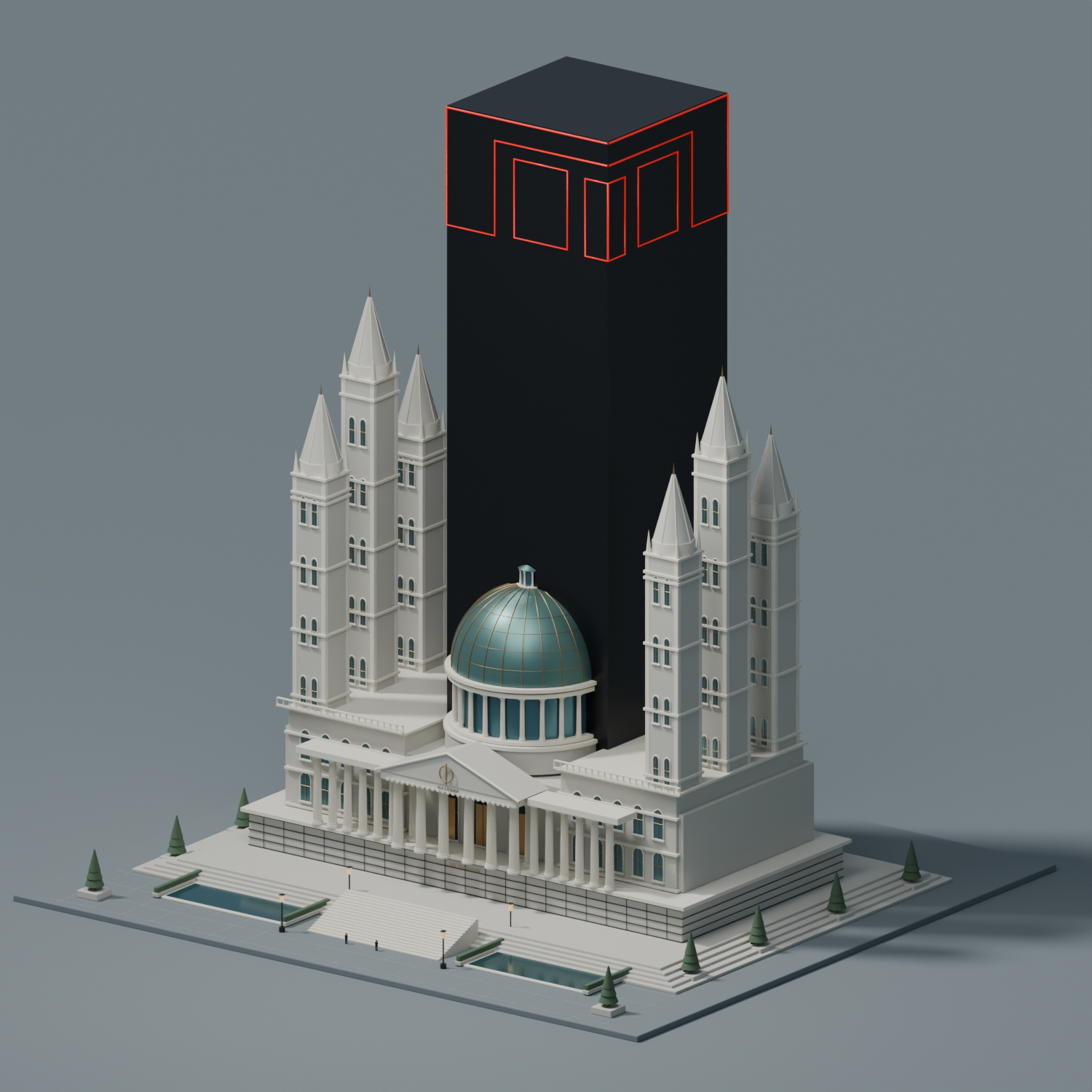 A temple-like building with a teal dome and four spires beneath a black tower marked with the May Corporation emblem.