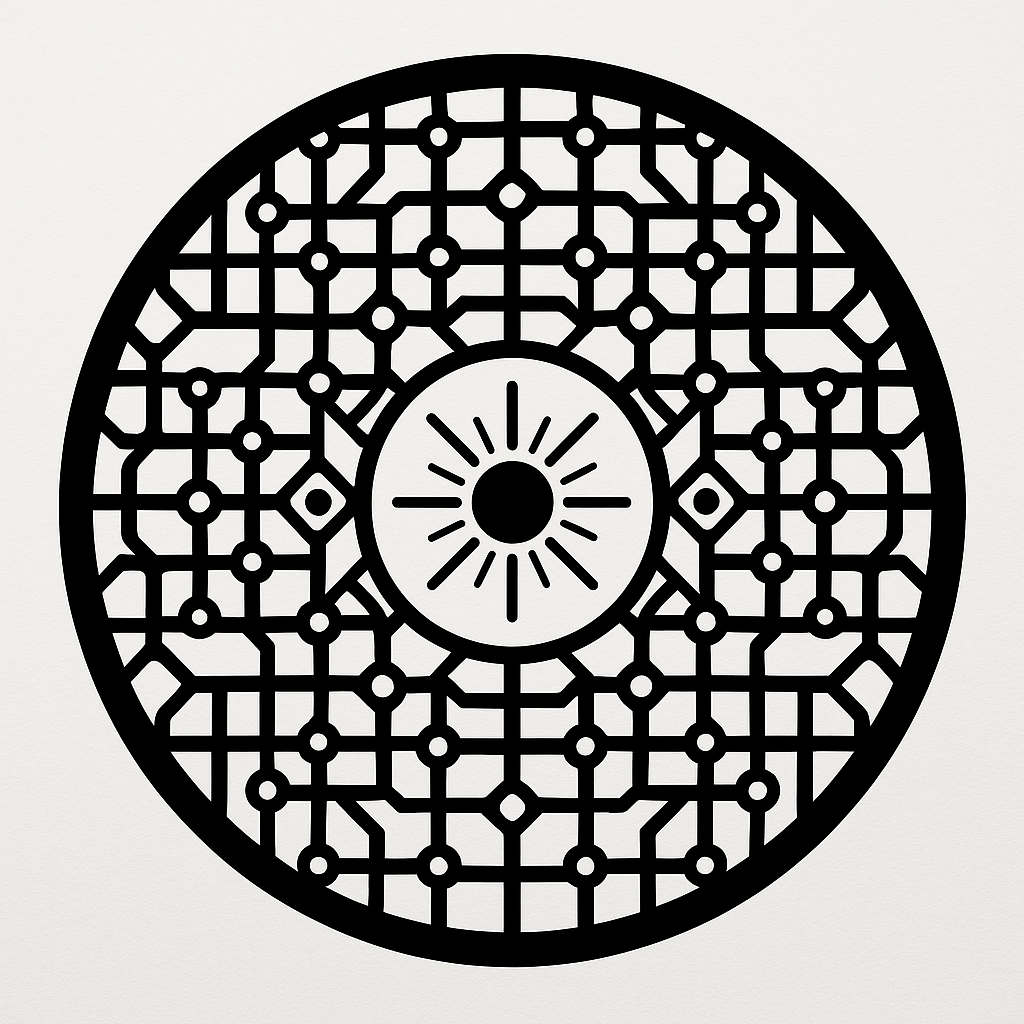 A black circular network of connected nodes and paths surrounding a central radiating sun on white.