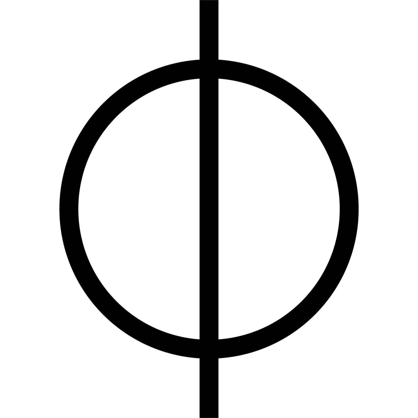 A thick black circle bisected by a vertical black line extending beyond it, on white.